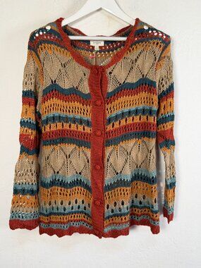 Umgee USA Women's Crochet Cardigan Small Boho Striped Open Knit Button Front New